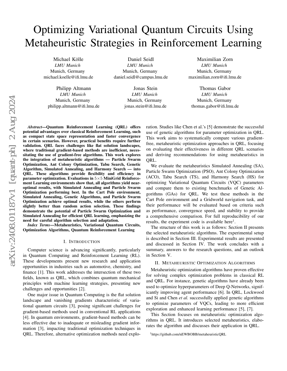 Optimizing Variational Quantum Circuits Using Metaheuristic Strategies in Reinforcement Learning