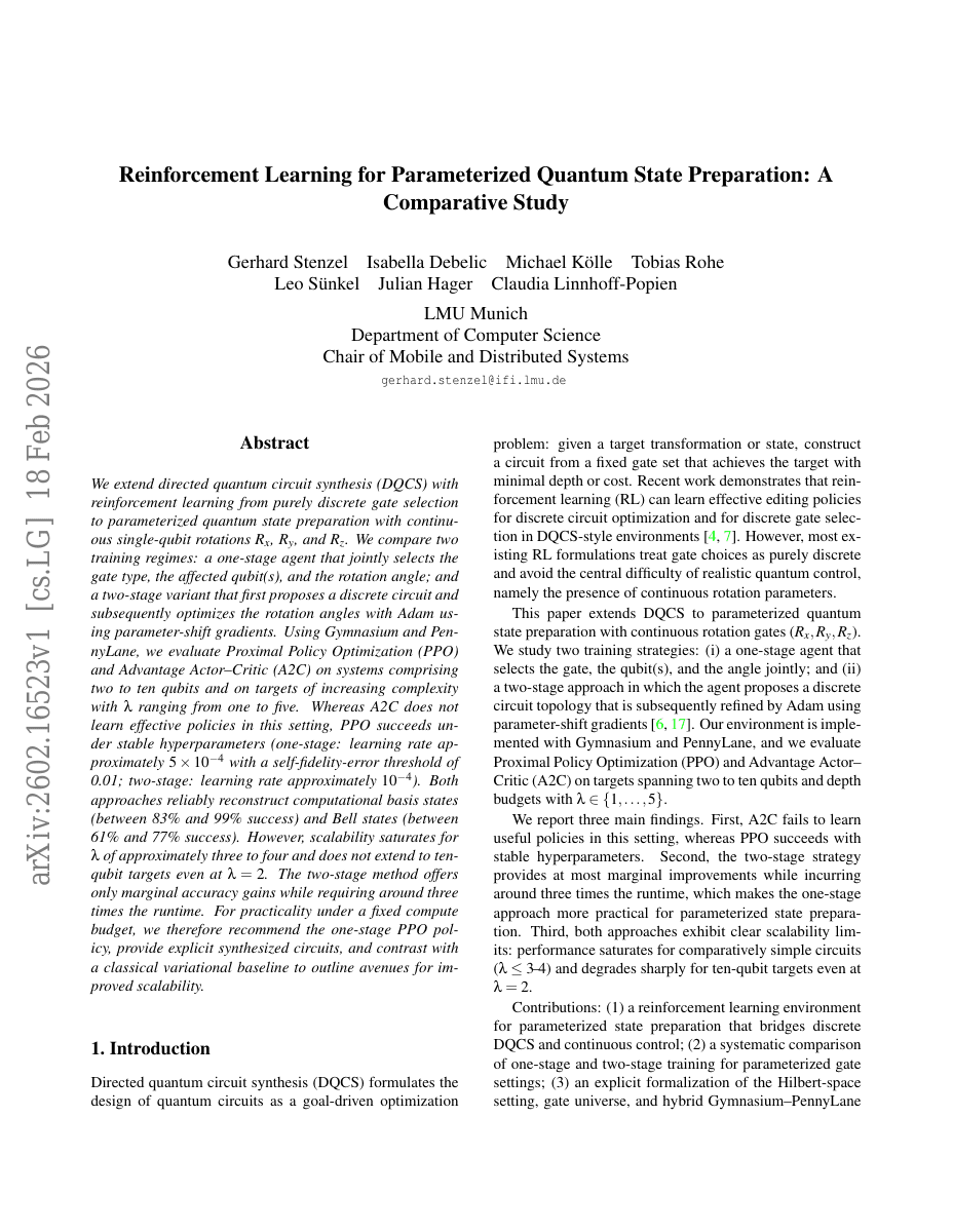 Reinforcement Learning for Parameterized Quantum State Preparation: A Comparative Study